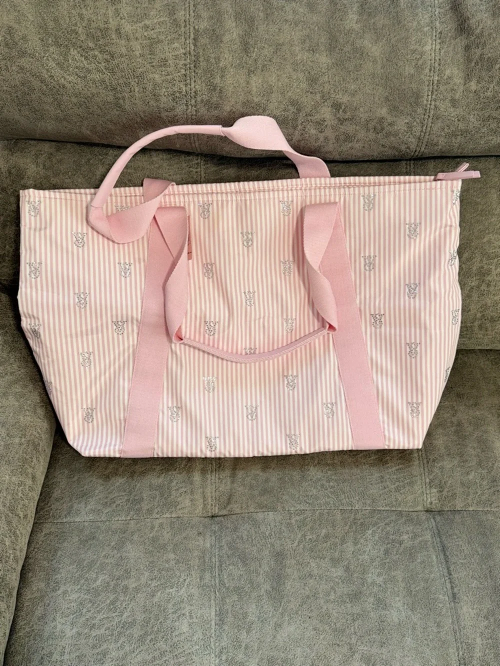 NWT PINK Victoria's Secret Pale Pink Striped Shine Tote Bag w/ Rhinestone Logos - Picture 3 of 4